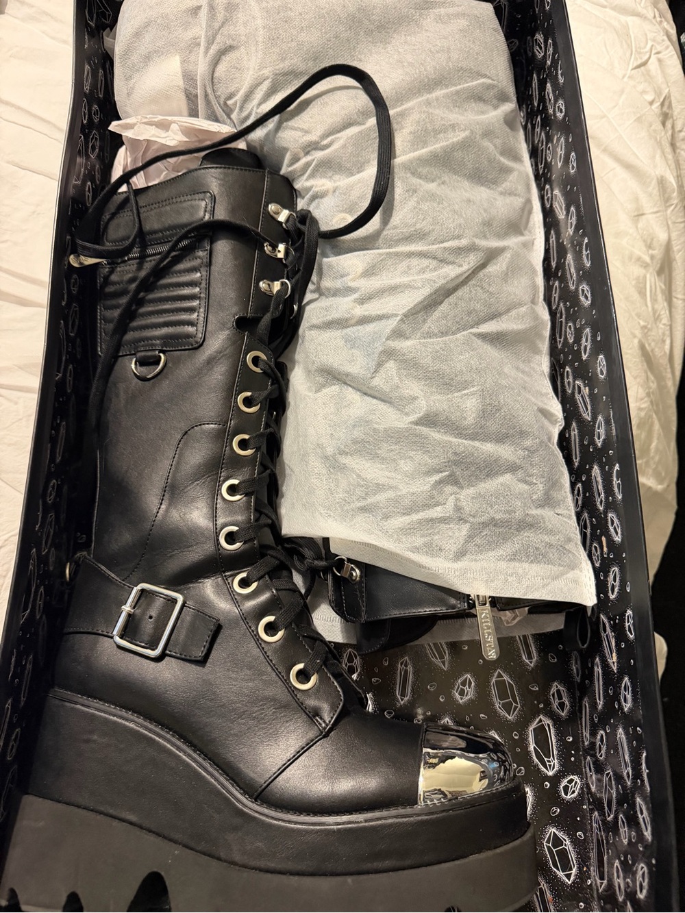 Killstar Black Platform Combat Moto Boots with Metallic Toe Cap